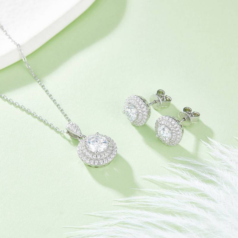 豪镶圆形S925银镀白金MoissanitePendantStud Earring套装